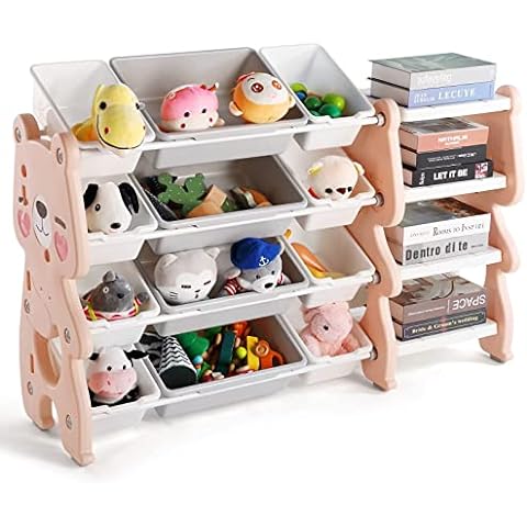 JOYLDIAS Kids' Toy Storage Organizer, 3-Tier Shelves Kids Storage Organizer  for Toys with 9 Removable Bins, DIY Stickers, Cartoon Bear Style