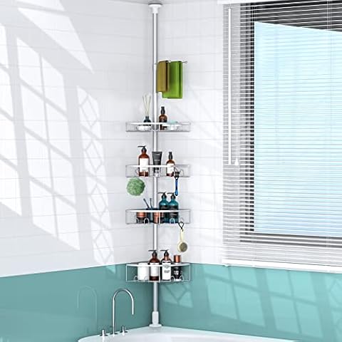 Hifybaty Tension Shower Caddy - 60 to 97 Inch Rustproof Corner Shower Caddy  Stand Storage Organizer with Tension Pole for Bathroom Bathtub Shampoo