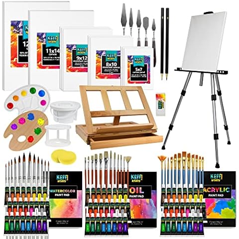 Keff Kids Painting Set - Acrylic Paint Set for Kids - Art Supplies Kit with Pre Drawn Canvases, Non Toxic Paints, Easel, Brushes, Palette & Blue