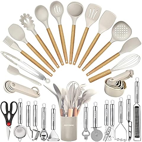 33 PCS Silicone Cooking Utensils Set, Kikcoin Wood Handle Kitchen Utensils  Set with Holder, Spatulas…See more 33 PCS Silicone Cooking Utensils Set