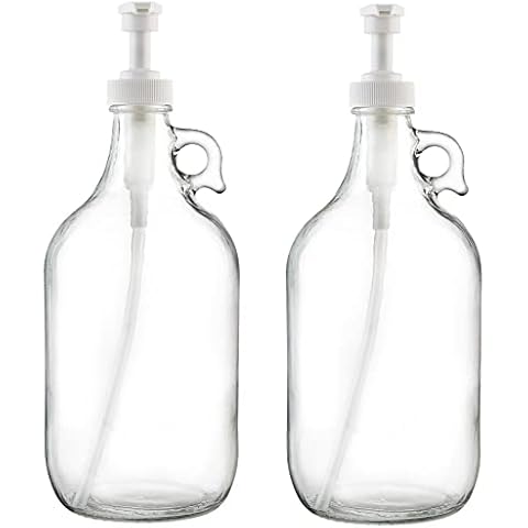 Kitchentoolz 32 oz Round Glass Milk Bottle Carafe with Lids & Pour Spout Made in USA 2 Pack, Size: 32 Ounce, Clear