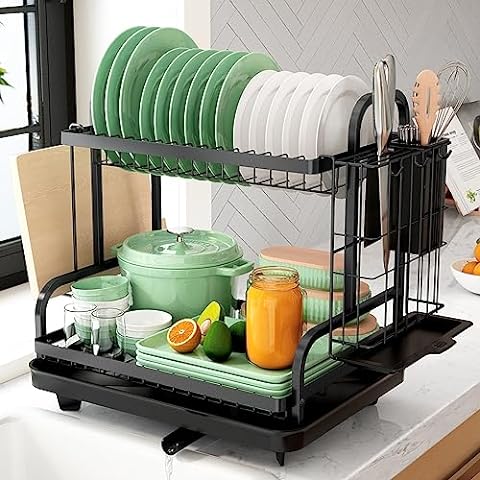MAJALiS Dish Drying Rack, Dish Racks for Kitchen Counter, Dish Drainer with  Drainboard Set, Drying Mat, Glass & Utensil Holder, Durable Stainless Steel  Kitchen Organizer and Storage, Black