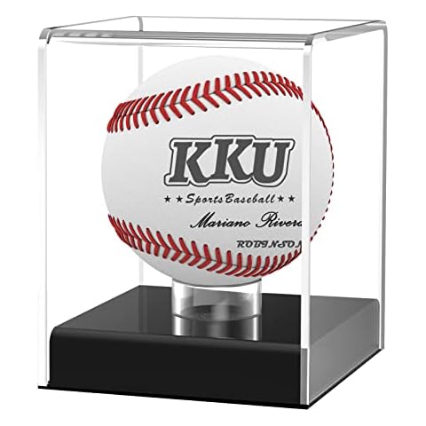 DECOMIL - UV Single Baseball Display Case, Holder - UV Protection Acrylic Cube with Wooden Stand Cherry Finish Customize