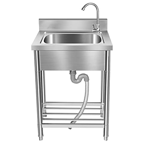 QQXX Commercial Kitchen Sink Single Bowl,Free Standing Stainless Steel Sink  Set with Water Faucet,Utility Outdoor Sink for Washing,Heavy Duty