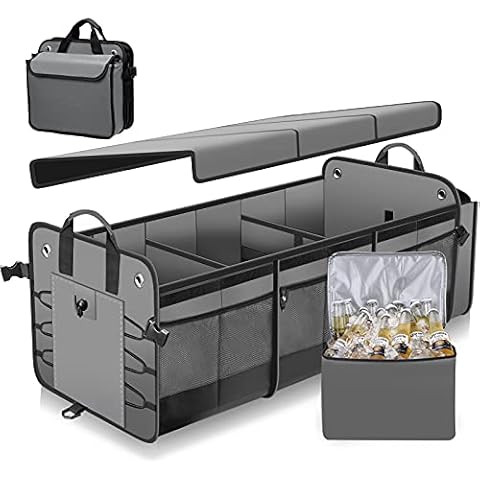 HEYTRIP Large Trunk Organizer with Built-in Leakproof Cooler Bag, 2 Tie-Down Straps, 4 Removable Dividers, Foldable Cover, Built with 2mm PE Board