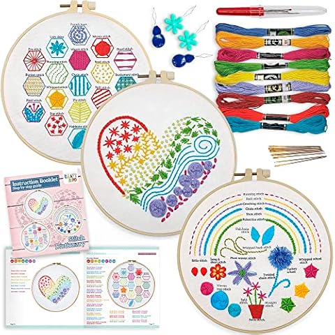 3 Sets Embroidery Starter Kit with Pattern and Instructions, Cross Stitch  Set, Stamped Kits Clothes Pattern, 1 Hoops