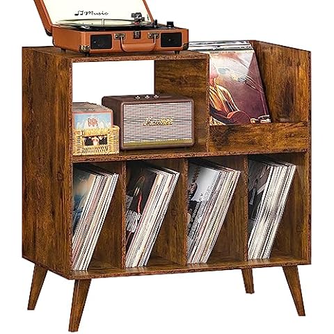  LELELINKY Record Player Stand,Vinyl Record Storage Table with 4  Cabinet Up to 100 Albums,Mid-Century Turntable Stand with Wood Legs,Brown  Vinyl Holder Display Shelf for Bedroom Living Room (Patented) : Home 