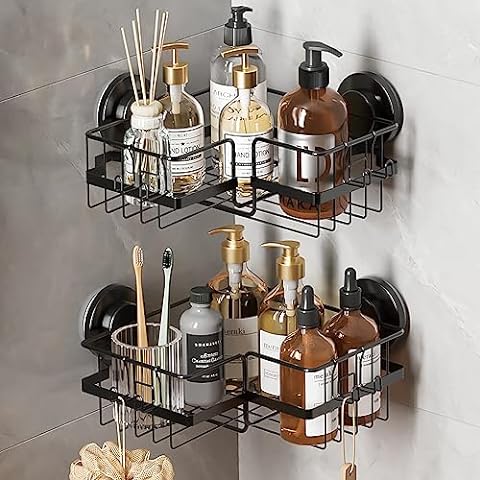 LEVERLOC Corner Shower Caddy Suction Cup NO-Drilling Removable Bathroom  Shower