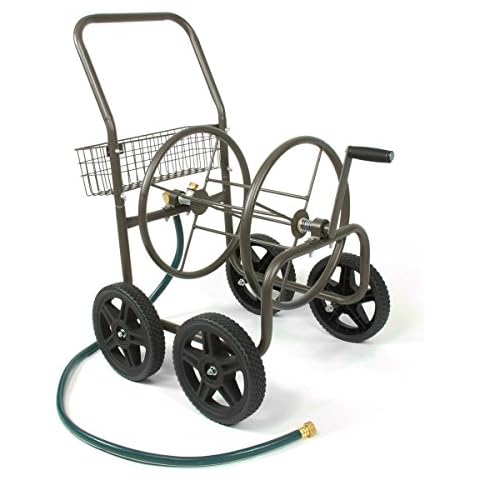 Dkeli Hose Reel Cart Garden Hose Carts with Wheels Heavy Duty Portable Water Hose Cart 4 Wheels Outdoor Yard Lawn Planting Truck with Storage Basket