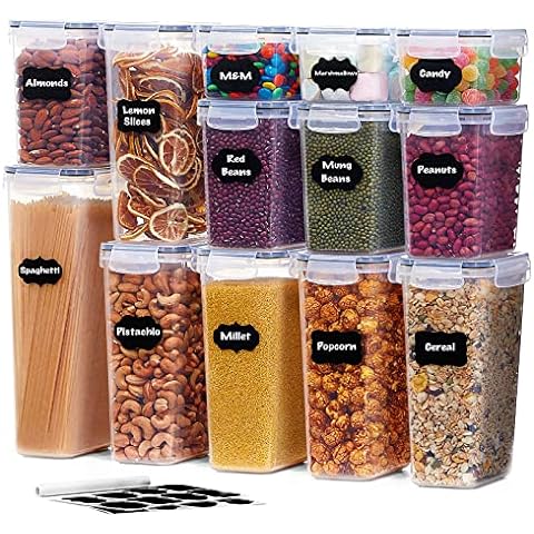 Airtight Food Container - 6PCS BPA Plastic Food Storage Containers with  Easy Lock Lids - Stackable Sugar, Flour, Cereal & Beans Containers with  Labels & Marker included (White cover and white buckle)