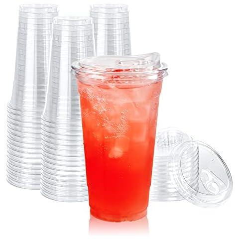 50 Pack] 24oz Clear Plastic Cups With Flat Lids And Straw - Disposable  Drinking Cups - 24 Oz Plastic Cups For Ice Coffee, Smoothie, Milkshake,  Slurpe