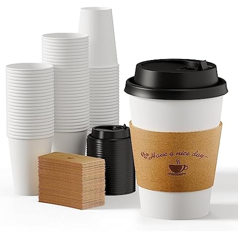 Sparkle and Bash 50 Pack 12 oz Paper Coffee Cups with Lids for Coffee, Hot Drinks, Insulated Double Wall Cups with Stirring Straws, Napkins (Black)