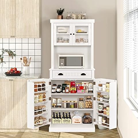 AVZEAR Kitchen Pantry Cabinet, Glass Door Cupboard 69.7