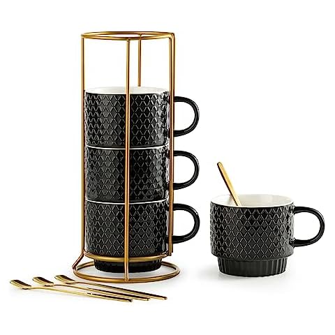 megarte Vintage Glass Coffee Mugs - 14 oz Embossed Glass Mugs with Bamboo Lids and Golden Spoons Set of 4 - Glass Coffee Cups