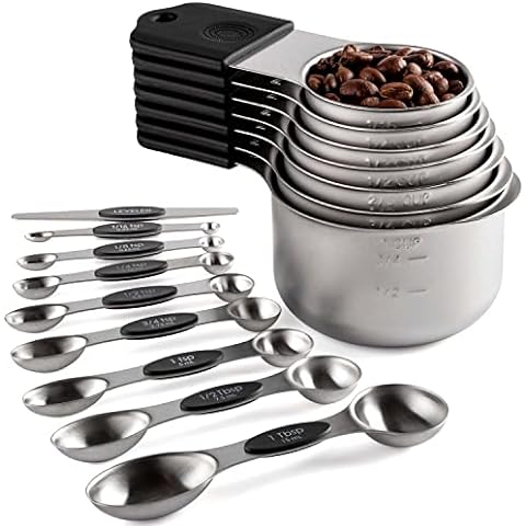 EDELIN Measuring Cups and Magnetic Measuring Spoons Set, Stainless Steel 5  Cups and 7 Spoons (Black)