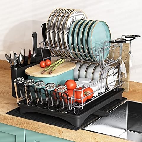 Never Rust Aluminum Dish Rack and Drain Board with Utensil Holder,  Tomorotec 2-tier Kitchen Plate Cup Dish Drying Rack Tray