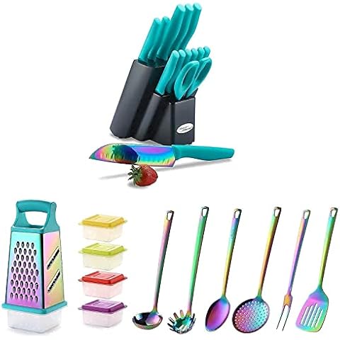 Kitchen Knife Set Dishwasher Safe Marco Almond Kya27 14pc Rainbow Kitchen Knife Block Set,Titanium Cutlery Knife Set,Teal, Blue