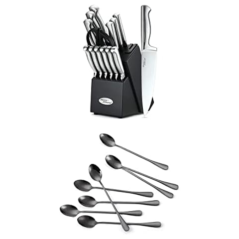 Knife Set with Block, Marco Almond 14 Piece Rainbow Titanium Knife Block  Set, KYA25 Cooking Steak Knives set with Black Handle, Chef Knife Sets for