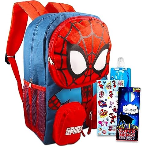 Spiderman Backpack with Lunch Bag 2-Key Chains Water Bottle - 5 Piece Kids School Backpack Set - Boys Girls Shoulder Book Bag Printed Marvel