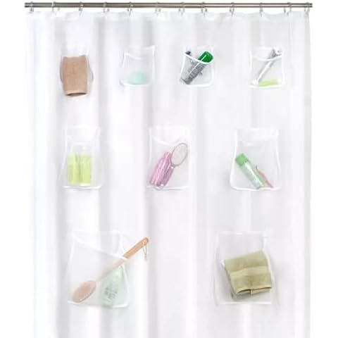 Cedmon Waterproof Fabric Shower Curtain or Liner with 9 Storage Pockets Bathroom Shower (Clear)