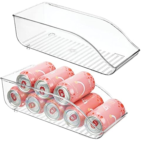 SCAVATA 2 Pack Skinny Can Organizer for Refrigerator, Stackable Tall Skinny  Soda Pop Can Holder Dispenser with Lid for Fridge Pantry Rack Freezer,  Clear Plastic Storage Bins-Holds 12 Slim Cans Each 