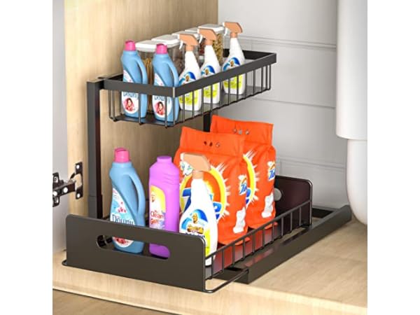 WZMYO Under Sink Organizers and Storage 2-Tier Heavy Duty Metal Slide Out  Pull Out Drawers L-Shape Under Cabinet Storage Around Plumbing, for Under