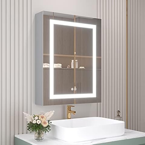 20 X 28 inch Bathroom Medicine Cabinet with Mirror Wall Mounted LED Bathroom  Mirror Cabinet with Lights, Anti-Fog, Waterproof, Dimmable,3000K~6000K,  Single Door,Touch Swich, Storage Shelves