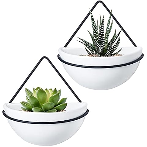 MyGift Glazed White Ceramic Wall Planter with Artificial String of Pearls, Wall Mounted Geometric Plant Pot with Decorative Faux Succulents, Set of 2