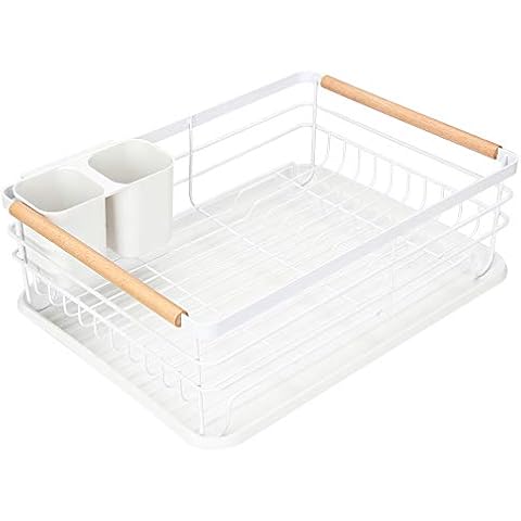 mDesign Large Kitchen Countertop, Sink Dish Drying Rack with Bamboo Wood  Accents - Removable Cutlery Tray & Drainboard with