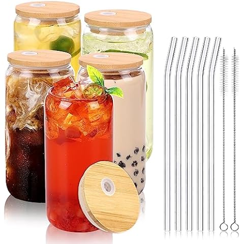 Moretoes 4pcs 24oz Glass Cups with Lids and Straws, Glass Iced