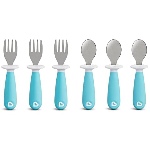 WeeSprout Toddler Utensils, 3 Forks & 3 Spoons, 18/8 Stainless Steel & Food Grade Silicone, Blue, Pink, Off-White