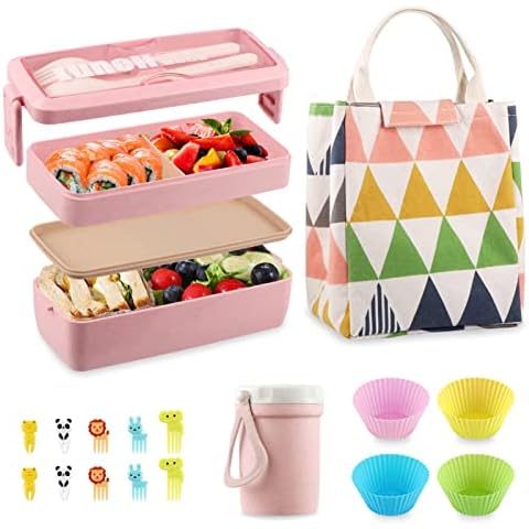 NatraProw Bento Box Adult Lunch Box, Stackable Bento Box Set with 3  Compartments, 47.35OZ Lunch Box Containers with Lunch Bag, Snack Bag and  Utensils