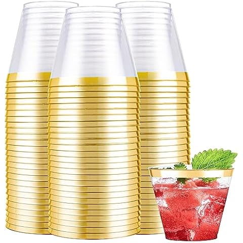 100 Gold Plastic Cups 14 Oz Gold Glitter with a Gold Rim - Premium