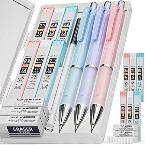 Nicpro Mechanical Pencils Set, 3PCS Mechanical Pencil 0.5 with 3 Tubes HB  Lead Pencil 0.5mm,1 PCS Eraser & 9 PCS Eraser Refill, White Drafting Pencil