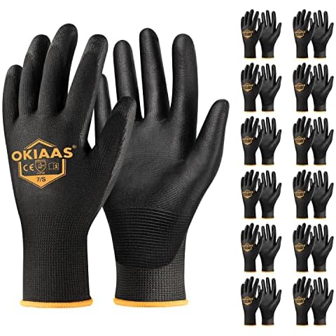 OKIAAS Work Gloves for Menultra Thin and Lightweight Working Gloves with Grip 12 Pairs Bulk Pack Construction Gloves with Polyurethane Coating Safety