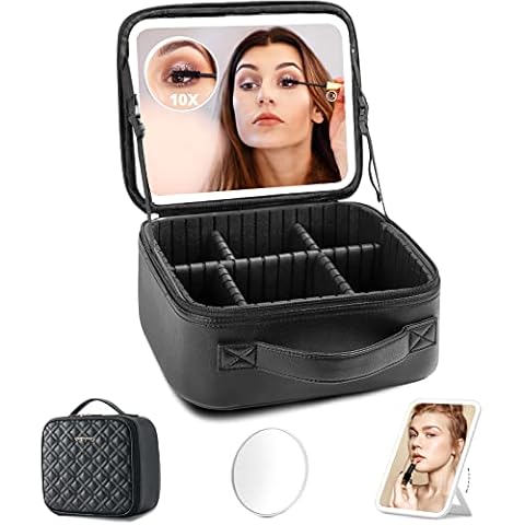 Extrei Gent Makeup Travel Train Case with Mirror LED Light 3 Adjustable  Brightness Cosmetic Bag Portable Storage Adjustable Partition Waterproof  Makeup Brushes Makeup Jewelry Gift for Women Black