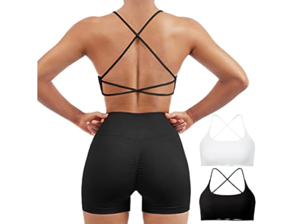  SUUKSESS Women 2 Piece Open Back Strappy Sports Bra Pack  Twist Front V Neck Padded Workout Crops