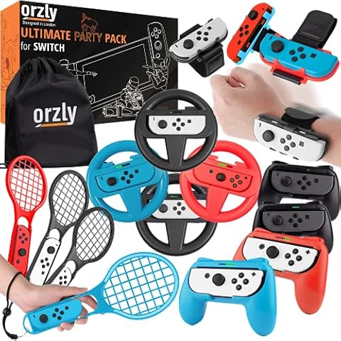  Orzly Accessory Bundle Kit designed for Nintendo switch  Accessories Geeks and Oled console users Case and Screen protector, Joycon  grips and Wheels for enhanced games play and more - Jet black 