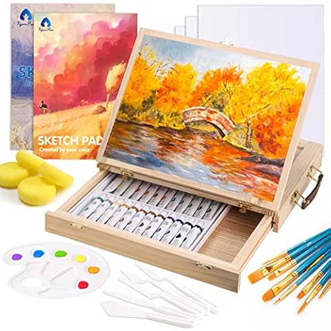 Jumbl Deluxe 131-Piece Painting Kit,Professional Artistic Set w/ 72 Oil, Acrylic & Watercolor Paints, Color Wheel & Palette, Wooden Desk & Standing