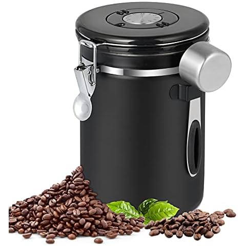  Bean Envy Coffee Canister - 22.5 oz Coffee Storage Container  and Organizer w/Stainless Steel Scoop, Date Tracker & Co2-Release Valve -  Essential Coffee Accessories, Steel : Home & Kitchen