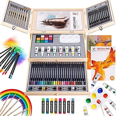 Darnassus Wood Art Set, Art Box & Drawing Kit Color Set, Art Supply Gift for 4-12 Age, Art Kit with Compact Portable Wooden Case, Kid Drawing Set w/