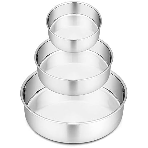 P&P CHEF 8 Inch Cake Pan Set, 3 Pcs Round Baking Pans Stainless Steel Layer  Birthday Wedding Cake Pans, Fit Oven/Pots/Pressure Cooker, Non Toxic 