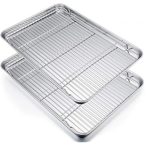 Baking Sheet with Rack Set [2 Sheets+2 Racks], Stainless Steel Cookie Sheet Pan with Cooling Rack for Oven(10.4 inch x 8 inch ), Nonstick Baking Pans