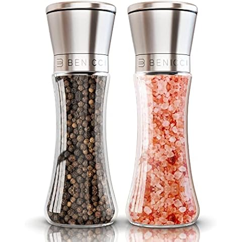 Modetro Salt and Pepper Shakers Set 6 oz Each Adjustable Coarseness Pepper  Grinder Mill for Sea Salt Spice Stainless Steel Glass 2 Pack