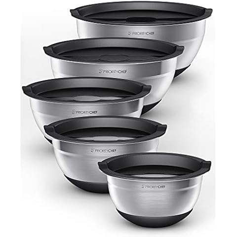 PriorityChef 5 Piece Mixing Bowls With Lids, Large 5 Quart Capacity,  Stainless Steel, Non Slip Silicone Bottom, Stackable For Minimal Storage,  Black Base 