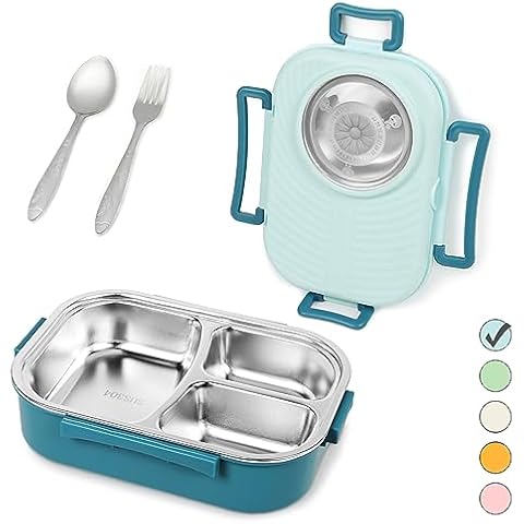 Stainless Steel Bento Lunch Box for Kids and Adults,Stackable BPA-Free Food  Containers with 3 Compartments and Reusable Sauce Bowl, Fork and Spoon,  (1000ml/34oz, Green) 