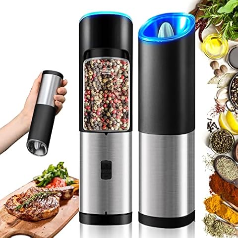 2 Packs Electric Salt Pepper Grinder Set, USB Rechargeable with Dual  Charging Base, Gravity Safety Switch, Automatic Dust Lids with LED Light,  One Hand Operation, Adjustable Coarseness