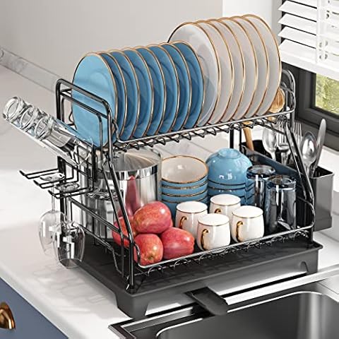 Never Rust Aluminum Dish Rack and Drain Board with Utensil Holder,  Tomorotec 2-tier Kitchen Plate Cup Dish Drying Rack Tray