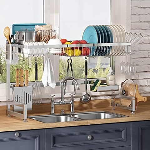 Never Rust Aluminum Dish Rack and Drain Board with Utensil Holder,  Tomorotec 2-tier Kitchen Plate Cup Dish Drying Rack Tray