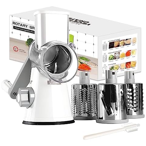 $5/mo - Finance Rotary Cheese Grater with Upgraded, Reinforced Suction -  Round Cheese Shredder Grater with 3 Replaceable Stainless Steel Drum Blades  - Easy To Use & Clean - Vegetable Slicer 